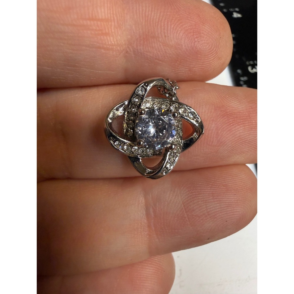 Silver Tone Love Knot Pendant Necklace Clear Cubic Zirconia Accents 18 Inch